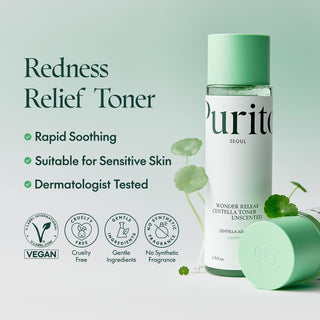 Purito Seoul Wonder Releaf Centella Toner Unscented in 200mL bottle, showing the product label and clear liquid inside