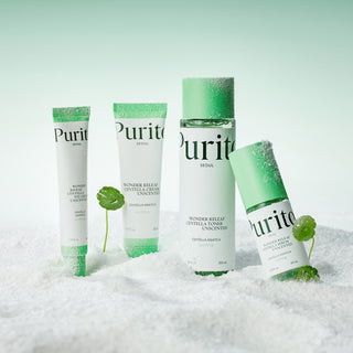 Purito Seoul Wonder Releaf Centella Toner Unscented in a 200mL bottle, showing the clear liquid and product packaging.