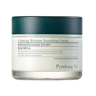 PYUNKANG YUL Calming Moisture Nourishing Cream jar showing the product label and open cream inside, ideal for soothing skin.