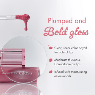 Rom&nd Glasting Colour Gloss lip gloss in a clear container with a shiny, reflective finish and a pink-toned lip applicator.