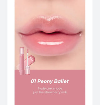 Rom&nd Glasting Colour Gloss in Peony Ballet, showing a shiny, smooth lip gloss tube with a light pink hue and glossy finish.