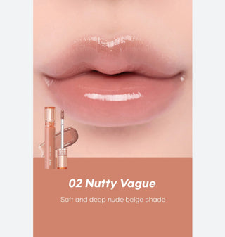 Rom&nd Glasting Colour Gloss lip gloss in Nutty Vague with glossy finish, displayed in a clear tube showing soft nude shade.