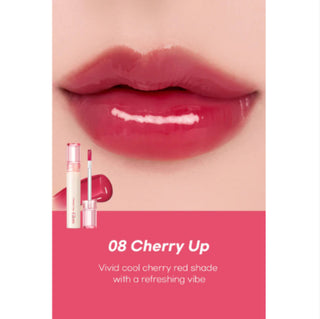 Rom&nd Glasting Colour Gloss in shade Cherry Up showing a shiny, vibrant red lip gloss in a clear tube with a doe-foot applicator.