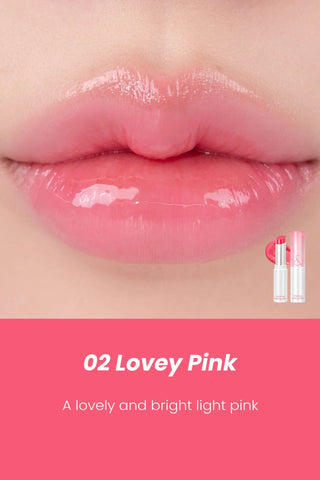 rom&nd ROMAND Glasting Colour Gloss in Lovey Pink, a shiny pink lip gloss with a smooth, glossy finish and clear packaging.