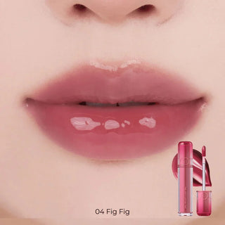 ROM&ND The Juicy Lasting Tint lip tint in shade 04, showing vibrant color and sleek packaging on a white background.