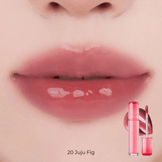 ROM&ND the Juicy Lasting Lip Tint in shade 20, showing the slim tube packaging and vibrant color for a natural, glossy finish.