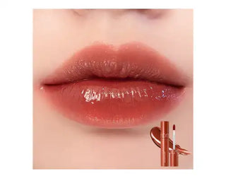 ROM&ND The Juicy Lasting Lip Tint in shade 13, featuring a close-up of the tinted lips and product packaging.