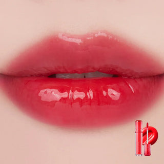 rom&nd The Juicy Lasting Tint lip tint in shade 19 Summer, featuring a close-up of the vibrant, glossy lip tint tube and applicator