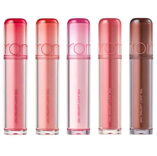 rom&nd The Juicy Lasting Lip Tint in a vibrant shade, featuring a sleek tube and applicator for easy, long-lasting color application
