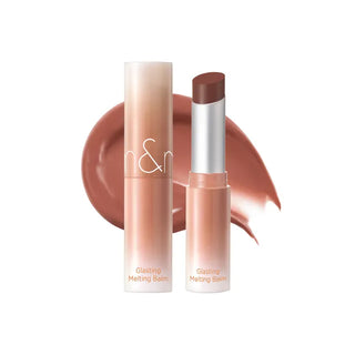 rom&nd Glasting Melting Balm lipstick in a sleek tube with a glossy finish, showcasing its shiny, moisturizing lip color.