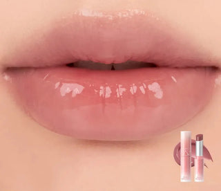 rom&nd Glasting Melting Balm lipstick in Dusty on the Nude Series, showing a soft, veiled rose shade with a smooth, glossy finish.