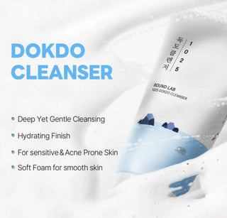Round Lab 1025 Dokdo Cleanser cleansing foam in a pump bottle, showcasing its creamy texture and minimalist design.