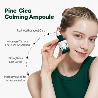 Image of ROUND LAB Pine Calming Cica Ampoule 30mL, a soothing skincare product with calming cica in a clear glass bottle.