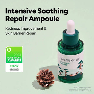 Image of ROUND LAB Pine Calming Cica Ampoule 30mL in a clear bottle, showcasing the calming skincare product.