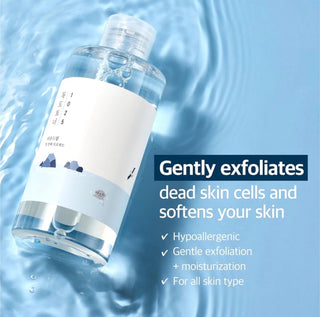 Round Lab 1025 Dokdo Toner in a clear bottle, showing its label and liquid, designed for gentle skincare and hydration.