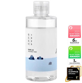 Round Lab 1025 Dokdo Toner in a clear 200ml bottle, showcasing the product's label and packaging design.