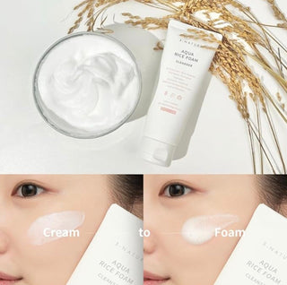 S.NATURE Aqua Rice Foam Cleanser in a 160ml bottle, featuring a white foam cleanser with blue accents and a clear pump dispenser.
