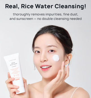 S.NATURE Aqua Rice Foam Cleanser 160ml with foaming texture and clear packaging, designed for gentle facial cleansing.