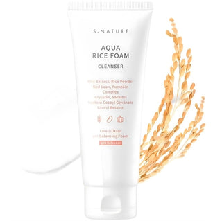 S.NATURE Aqua Rice Foam Cleanser 160ml bottle with white and blue packaging, showing the product label and pump dispenser.