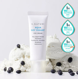 S.NATURE Aqua Soy Yogurt Eye Cream 25g jar showing creamy eye care formula with soothing ingredients.