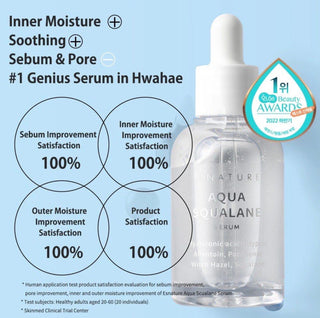 S.NATURE Aqua Squalane Serum 50ml bottle with clear dropper cap, highlighting hydrating skincare in a sleek glass container.