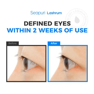 Seapuri Lashrum Eyelash Enhancing Serum 10g bottle showcasing sleek packaging and applicator brush for fuller lashes.