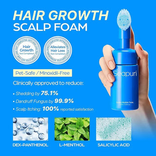 Seapuri Scalpy Bubble Tonic 100mL hair treatment bottle with a pump dispenser and label, designed for scalp care and hair health