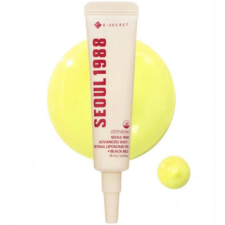 KSECRET Seoul 1988 Advanced Shot retinal liposome serum with black rice for anti-aging, featuring a sleek dark bottle.