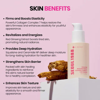 Seoul 1988 KSECRET boosting serum with collagen complex 7 and red ginseng, in a sleek skincare bottle.