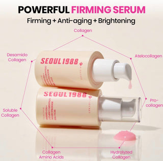 KSECRET Seoul 1988 Collagen Boosting Serum with Red Ginseng, featuring a sleek bottle and serum dropper for skincare.