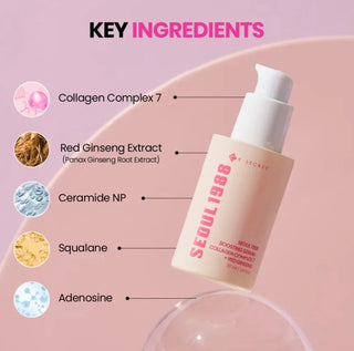 KSECRET Seoul 1988 Boosting Serum with Collagen Complex 7 and Red Ginseng, featuring a clear serum bottle with a silver cap.