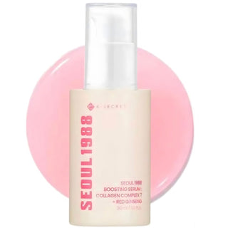 KSECRET Seoul 1988 Boosting Serum with Collagen Complex 7 and Red Ginseng, applied in a sleek glass bottle with a dropper.