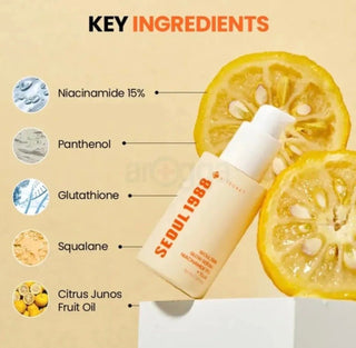 KSECRET Seoul 1988 Glow Serum with Niacinamide 15% and Yuja, featuring clear glass bottle and dropper for brightening skincare.