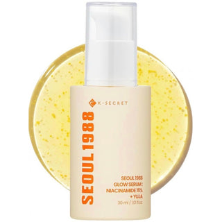 KSECRET Seoul 1988 Glow Serum with Niacinamide 15% and Yuja, featuring a clear glass bottle with dropper for brightening skincare.