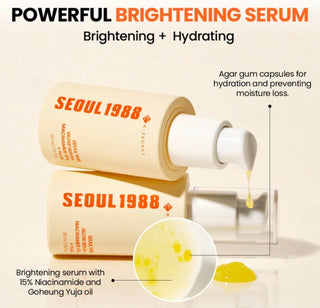 KSECRET Seoul 1988 Glow Serum with niacinamide 15% and yuja extract, in a sleek glass bottle with dropper applicator.