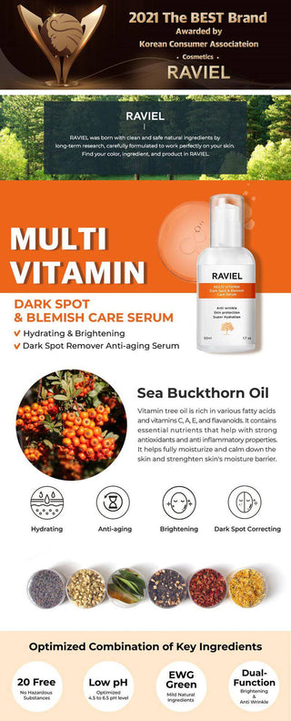 Raviel Multi Vitamin Dark Spot & Blemish Care Serum bottle with dropper, designed to reduce dark spots and blemishes on skin.
