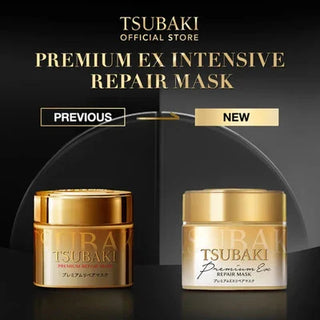 Shiseido Tsubaki Premium EX Repair Hair Mask 180g, creamy hair treatment for nourishing and repairing damaged hair.