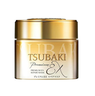 Shiseido Tsubaki Premium EX Repair Hair Mask in 180g jar, showcasing the nourishing hair care treatment with floral packaging.