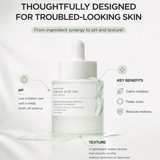 SKIN1004 Madagascar Centella Azelaic Acid 10% Ampoule in a 30ml bottle showing the product label and packaging.