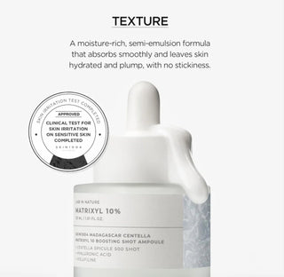 Skin1004 Madagascar Centella Matrixyl 10% Boosting Shot Ampoule in a clear 30ml bottle with dropper cap.