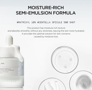 Skin1004 Madagascar Centella Matrixyl 10% Boosting Shot Ampoule in a 30ml bottle, featuring clear liquid and skincare applicator.