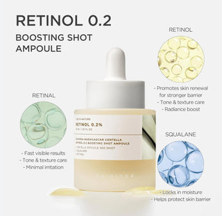 Skin1004 Madagascar Centella Retinol 0.2% Boosting Shot Ampoule 30ML, clear glass bottle with dropper for skincare.