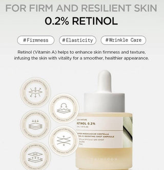 Skin1004 Madagascar Centella Retinol 0.2% Boosting Shot Ampoule in a 30ML bottle, with a clear, sleek design and label.