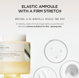 Skin1004 Madagascar Centella Retinol 0.2% Boosting Shot Ampoule in a 30ML bottle, featuring a clear glass container and dropper applicator.