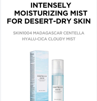 Skin1004 Madagascar Centella Hyalu-Cica Cloudy Mist face mist with soothing Centella and Hyalu-Cica for refreshing skin hydration.