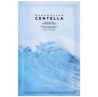 SKIN1004 Madagascar Centella Hyalu-Cica hydrating face sheet mask spread out on a flat surface, showing its packaging and texture.