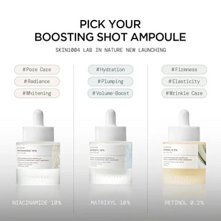 Skin1004 Madagascar Centella Matrixyl 10 Boosting Shot Ampoule 30ml, clear glass bottle with dropper for nourishing skin treatment.