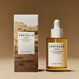 Skin1004 Madagascar Centella Ampoule serum in a 30ml bottle, featuring clear liquid and a white pump dispenser.