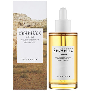 Skin1004 Madagascar Centella Ampoule serum in a 30ml bottle, showcasing clear liquid and minimalist packaging.