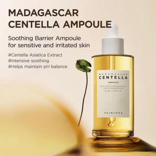 Skin1004 Madagascar Centella Ampoule serum in a 30ml bottle, with a clear glass container and dropper cap for skincare.